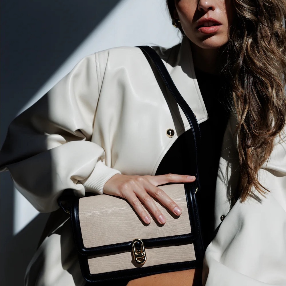 Chic Jules Kae brand Mia Crossbody Bag in Beige and Black